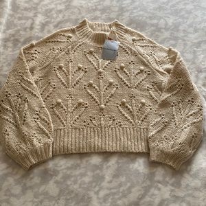 New silverflint womens boxy crop bubble knit sleeve sweater cream sz small